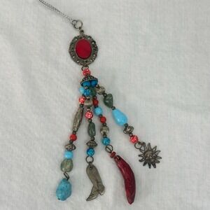 Vintage Western Ornament Beaded Metal Dangle‎ Coral Boot Sun Gems Charms 8" L